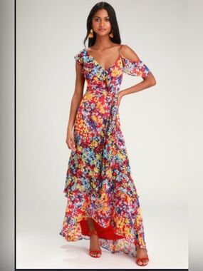 Lulu's Red Floral High-Low Cold-Shoulder Maxi Dress